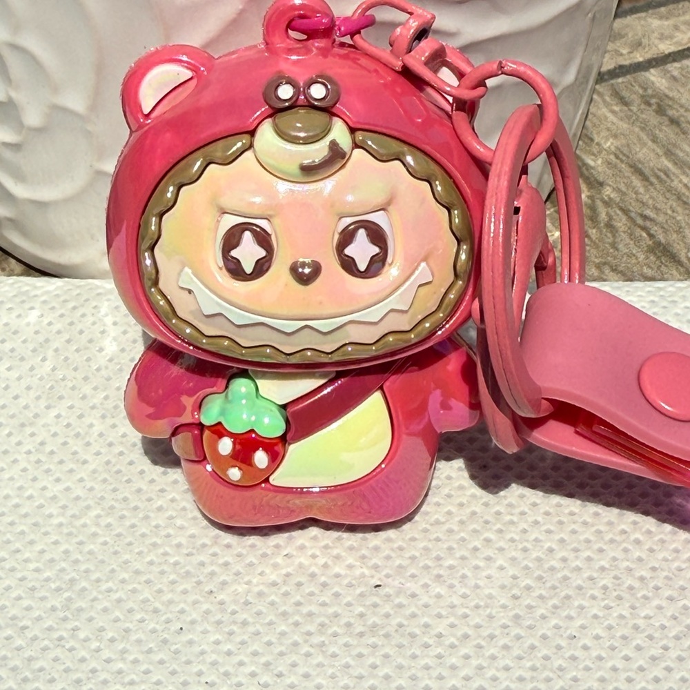 NWT! Labubu Strawberry Dark Pink Bear Cute Pink Bear Keychain - Picture 3 of 4